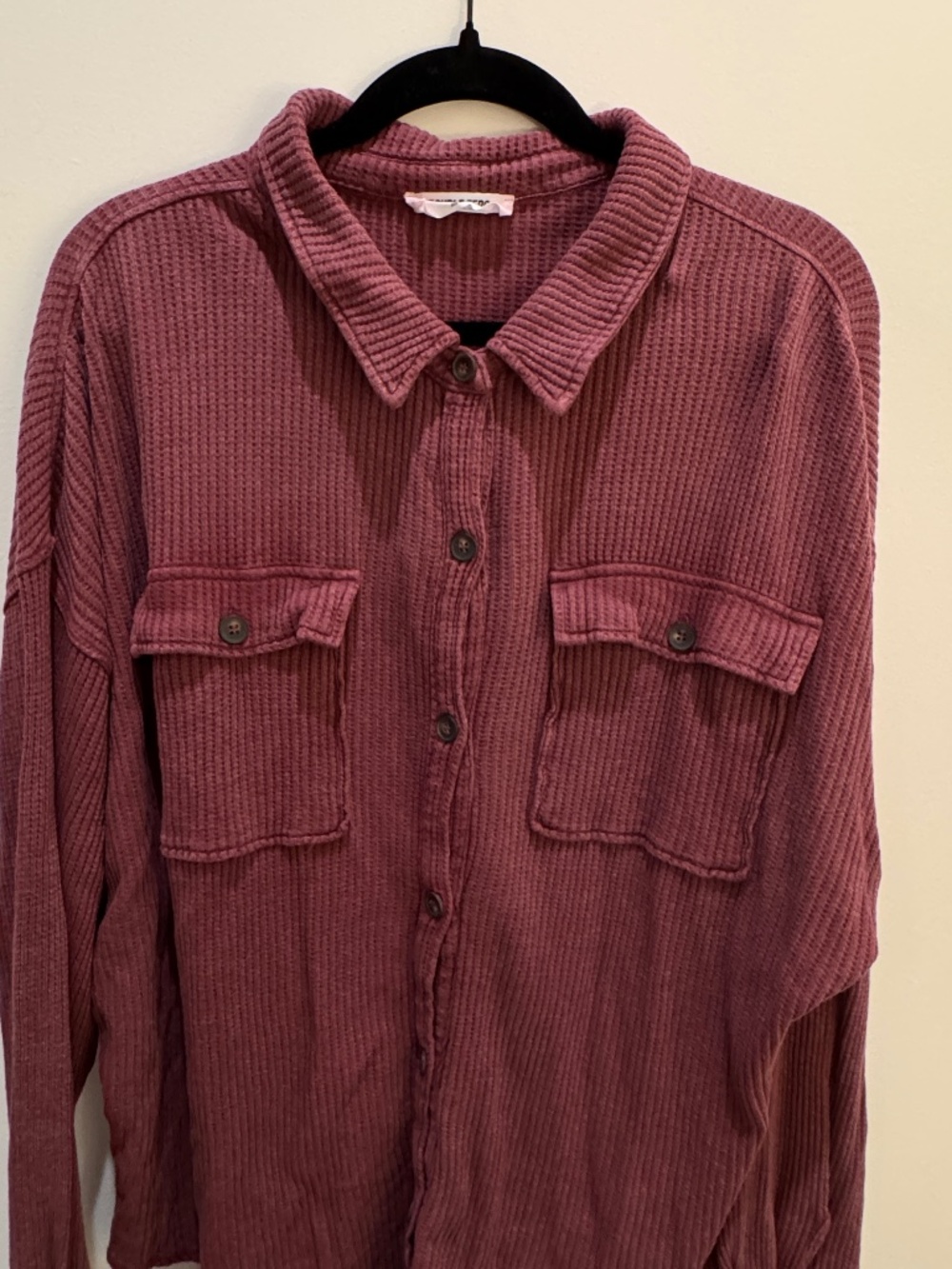 Double Zero medium mineral washed long sleeve waffle knit button-up shacket